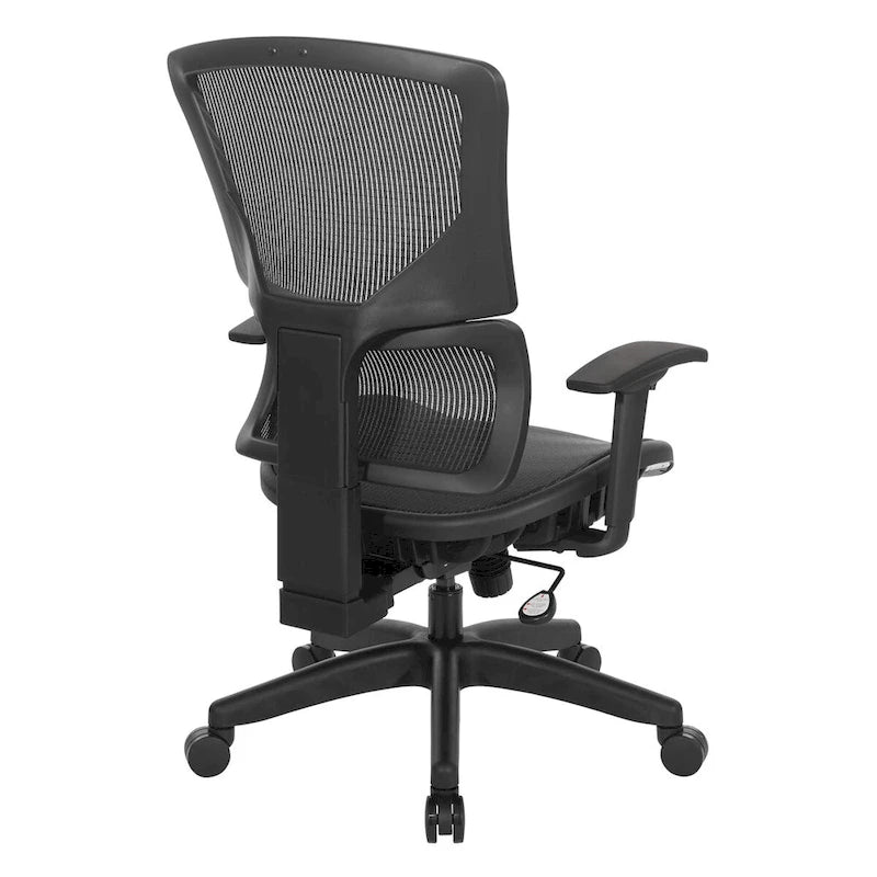 Silla de oficina negra ajustable – Asiento de malla/tela, base de nailon/aluminio, 1 persona
