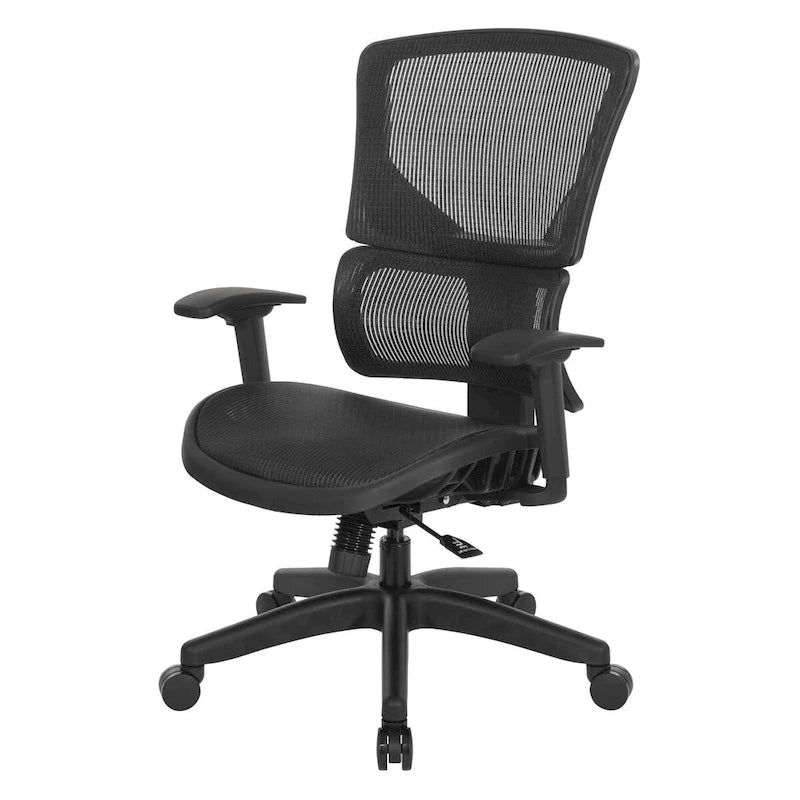 Silla de oficina negra ajustable – Asiento de malla/tela, base de nailon/aluminio, 1 persona