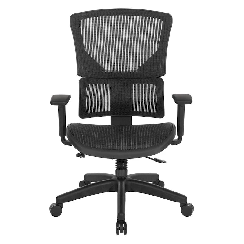 Silla de oficina negra ajustable – Asiento de malla/tela, base de nailon/aluminio, 1 persona